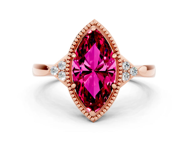 Rose gold Marquise Cut Garnet Halo Ring with Tapered Band and Four-Prong Setting