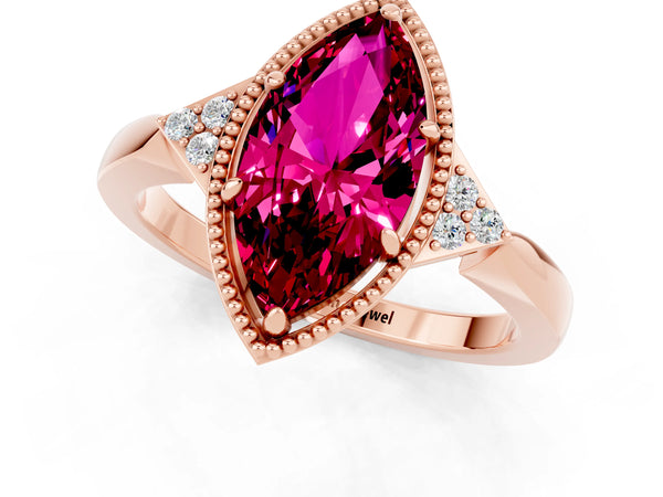 Rose gold Marquise Cut Garnet Halo Ring with Tapered Band and Four-Prong Setting