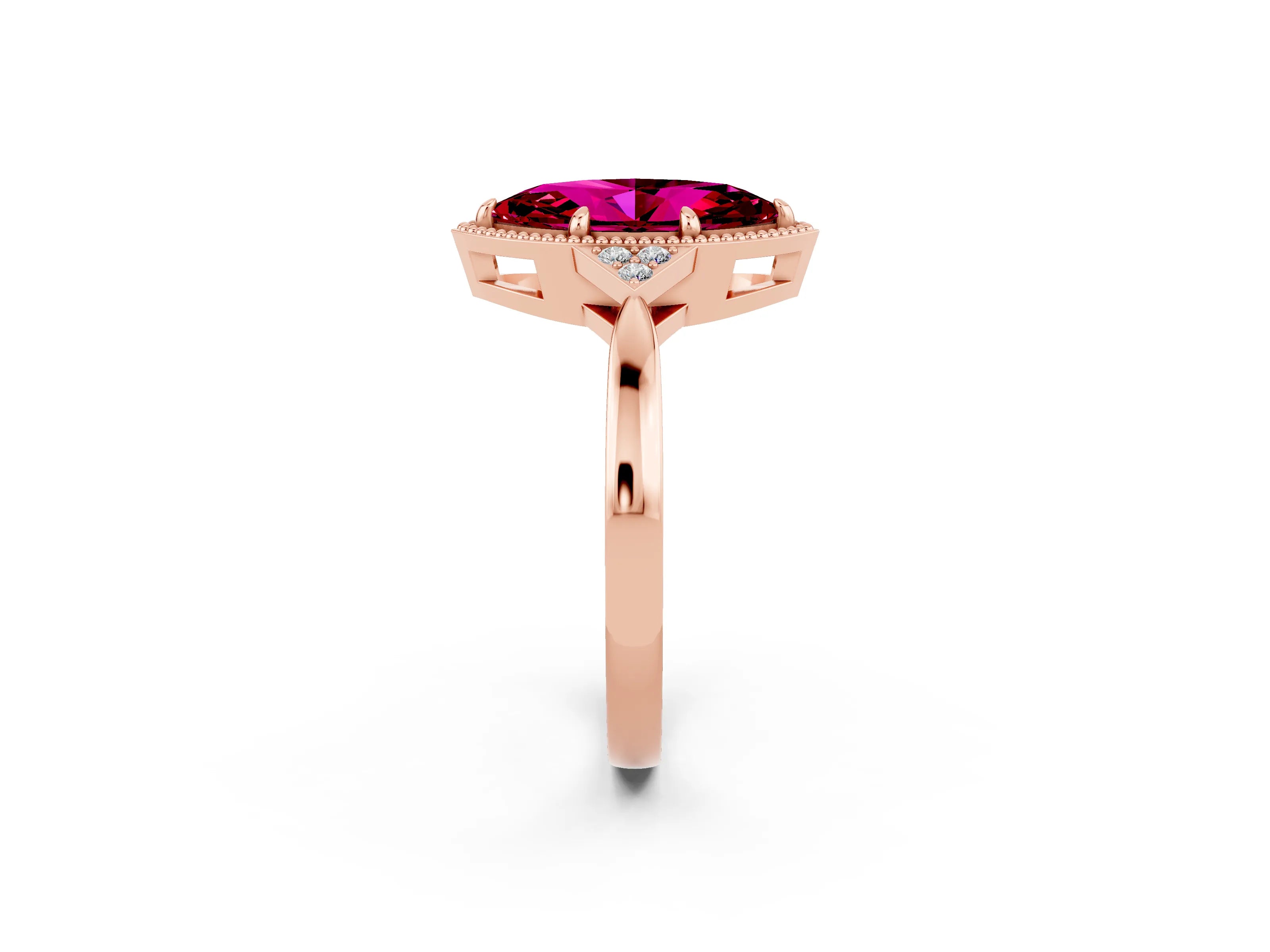 Rose gold Marquise Cut Garnet Halo Ring with Tapered Band and Four-Prong Setting_2