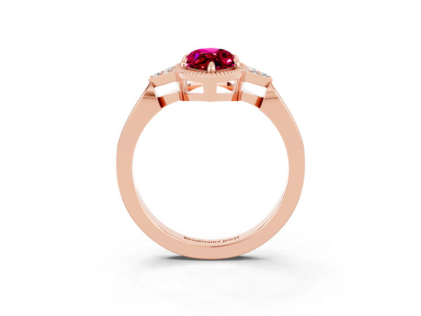 Rose gold Marquise Cut Garnet Halo Ring with Tapered Band and Four-Prong Setting