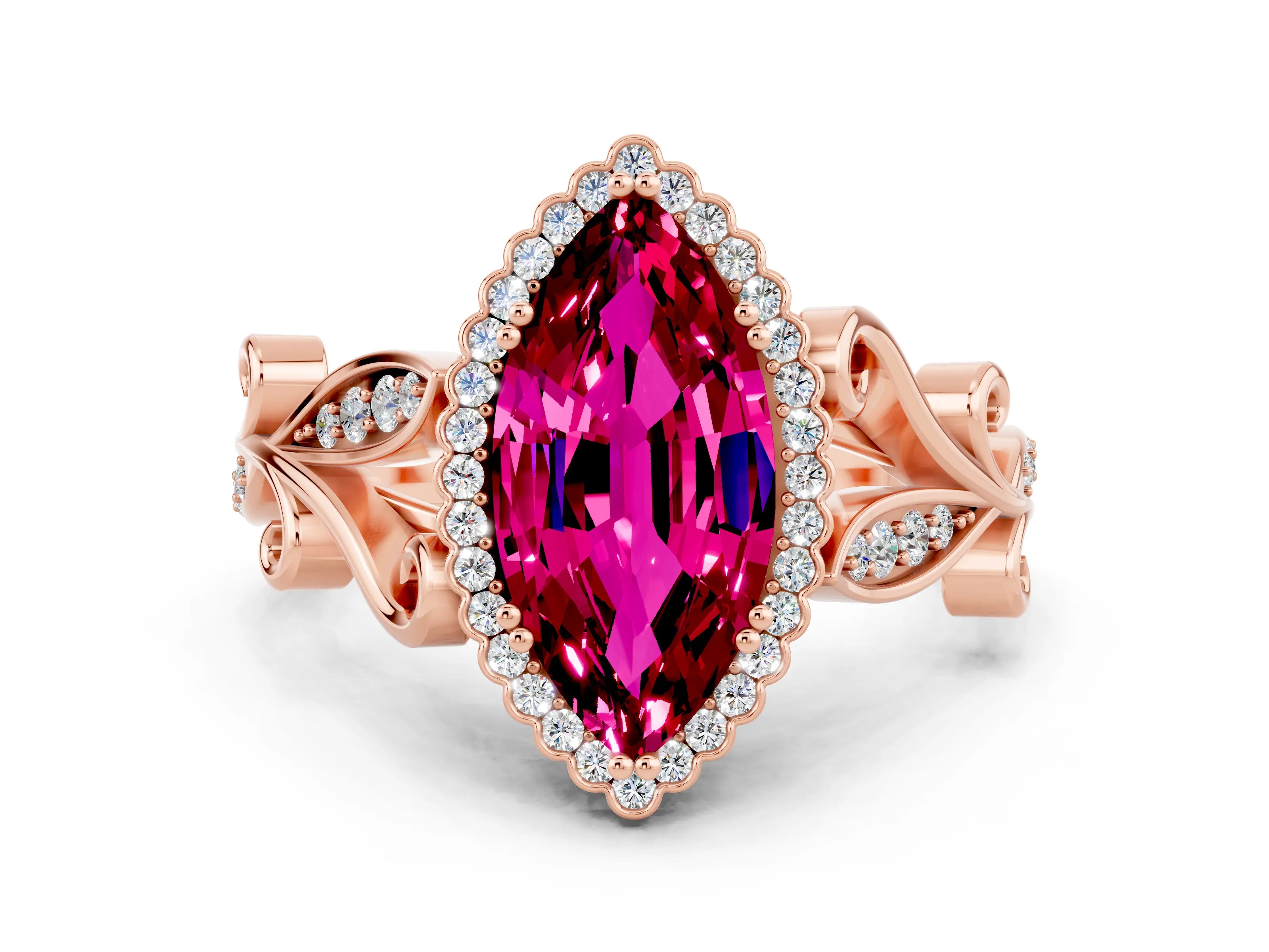 Rose gold Marquise Cut Garnet Halo Ring with Vintage Split Shank and Four-Prong Setting