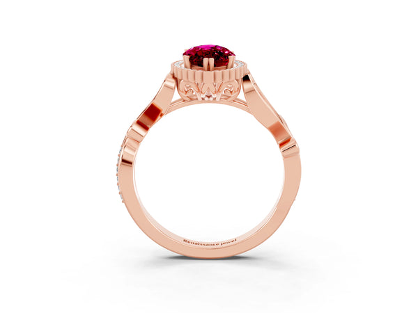Rose gold Marquise Cut Garnet Halo Ring with Vintage Split Shank and Four-Prong Setting