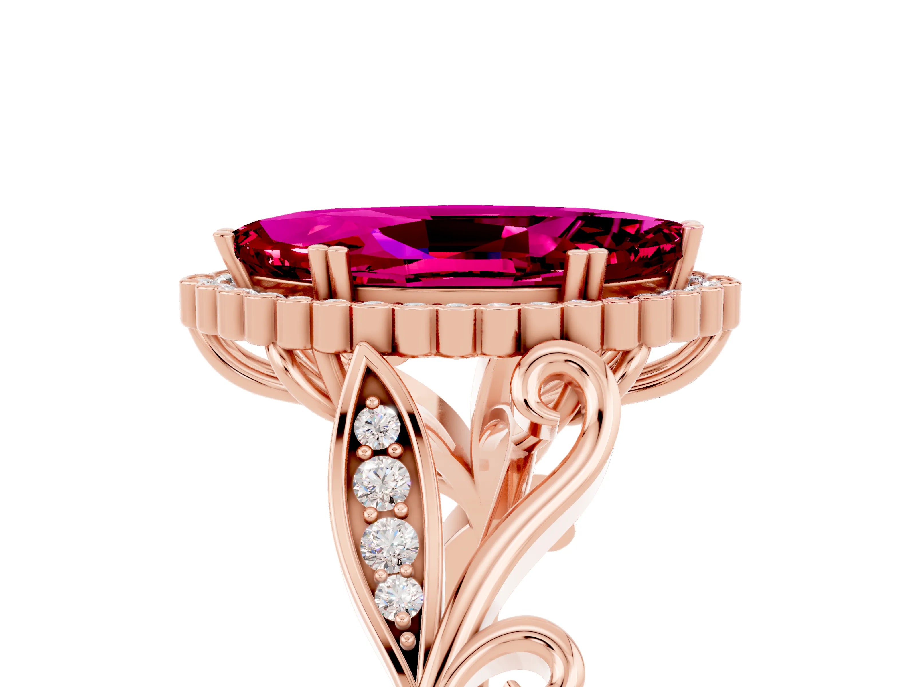 Rose gold Marquise Cut Garnet Halo Ring with Vintage Split Shank and Four-Prong Setting_5