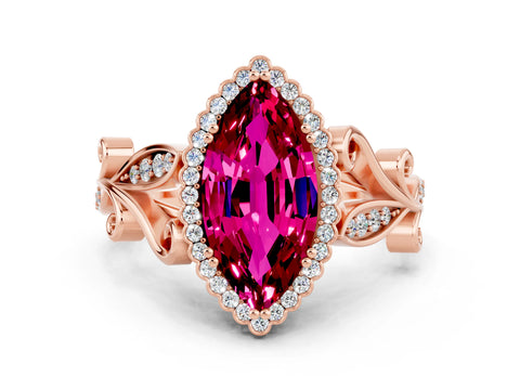 Rose gold Marquise Cut Garnet Halo Ring with Vintage Split Shank and Four-Prong Setting