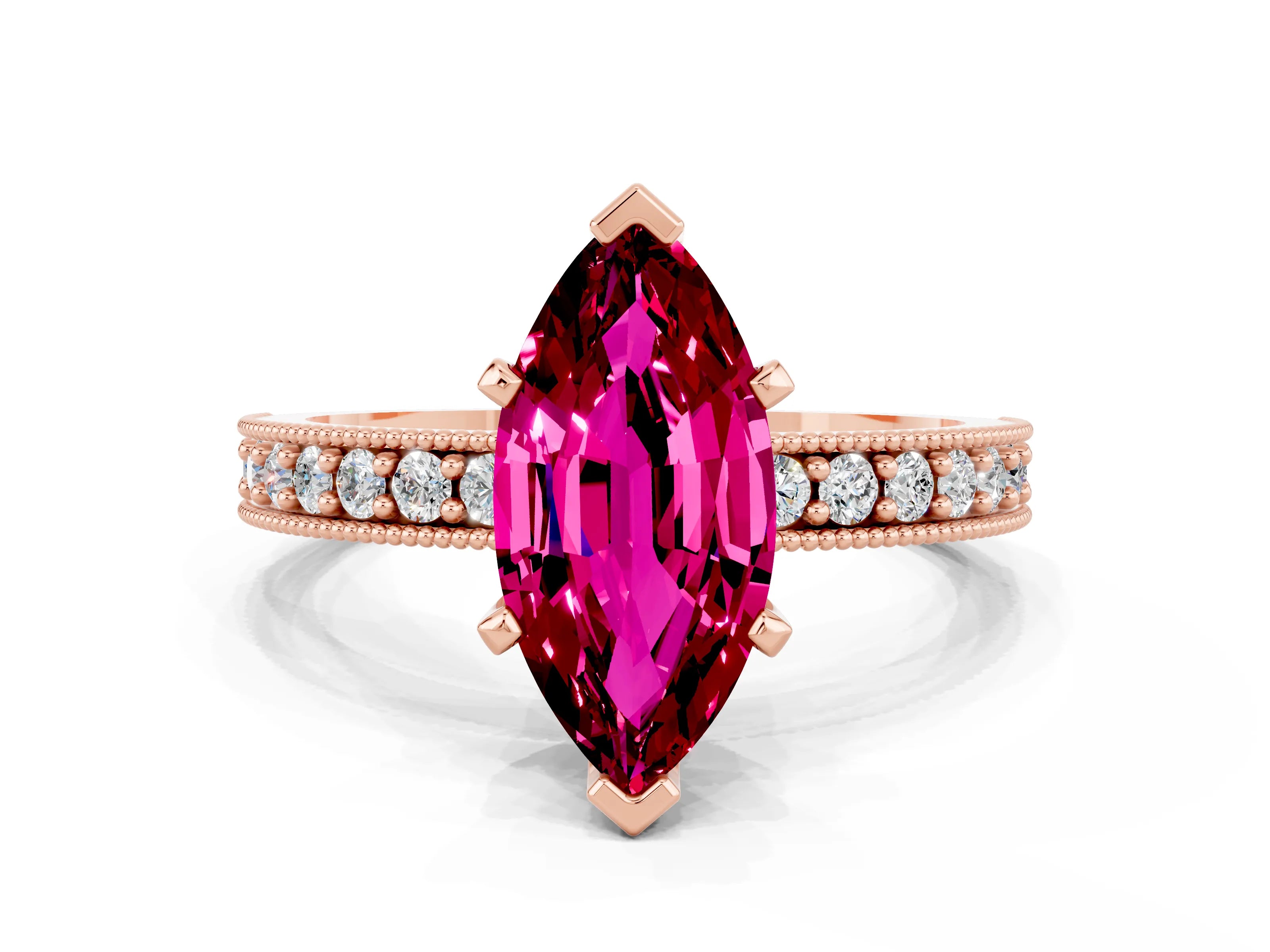 Rose gold Marquise Cut Garnet Milgrain Pavé Engagement Ring with Four-Prong Setting