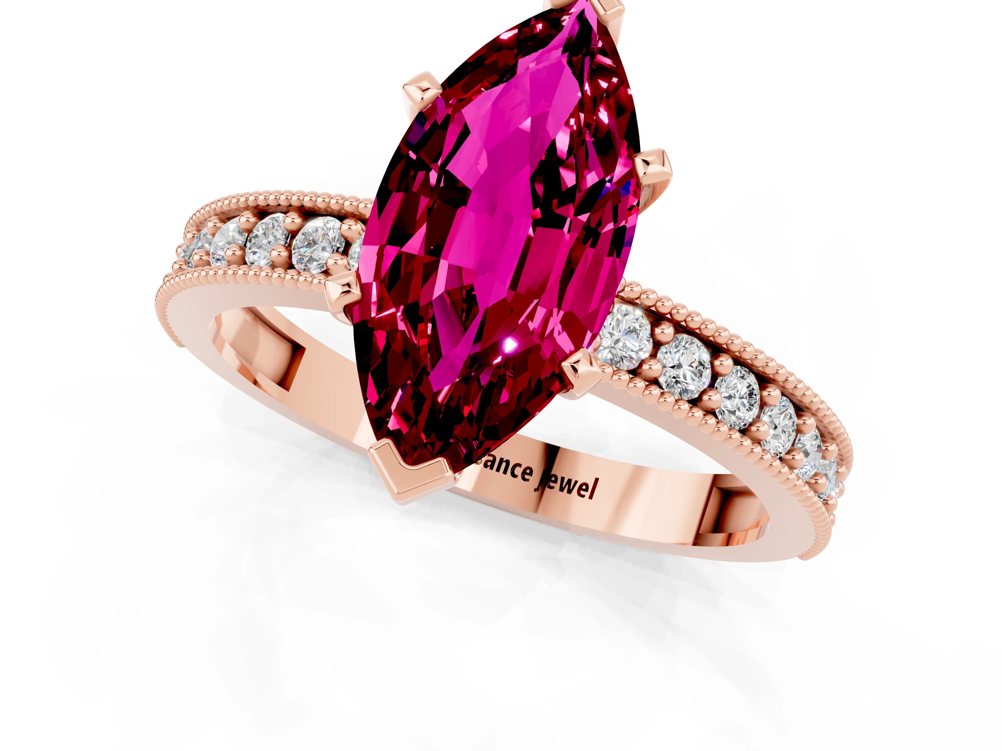 Rose gold Marquise Cut Garnet Milgrain Pavé Engagement Ring with Four-Prong Setting_1