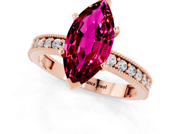 Rose gold Marquise Cut Garnet Milgrain Pavé Engagement Ring with Four-Prong Setting