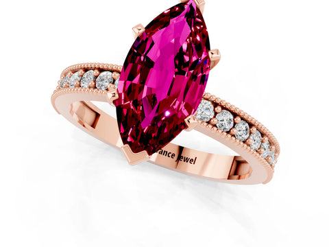Rose gold Marquise Cut Garnet Milgrain Pavé Engagement Ring with Four-Prong Setting_1