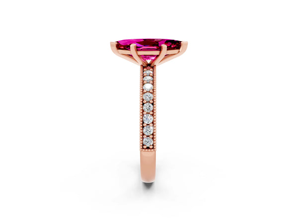 Rose gold Marquise Cut Garnet Milgrain Pavé Engagement Ring with Four-Prong Setting