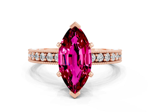 Rose gold Marquise Cut Garnet Milgrain Pavé Engagement Ring with Four-Prong Setting
