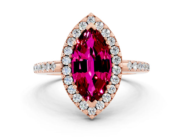 Rose gold Marquise Cut Garnet Pavé Halo Ring with Four-Prong Setting