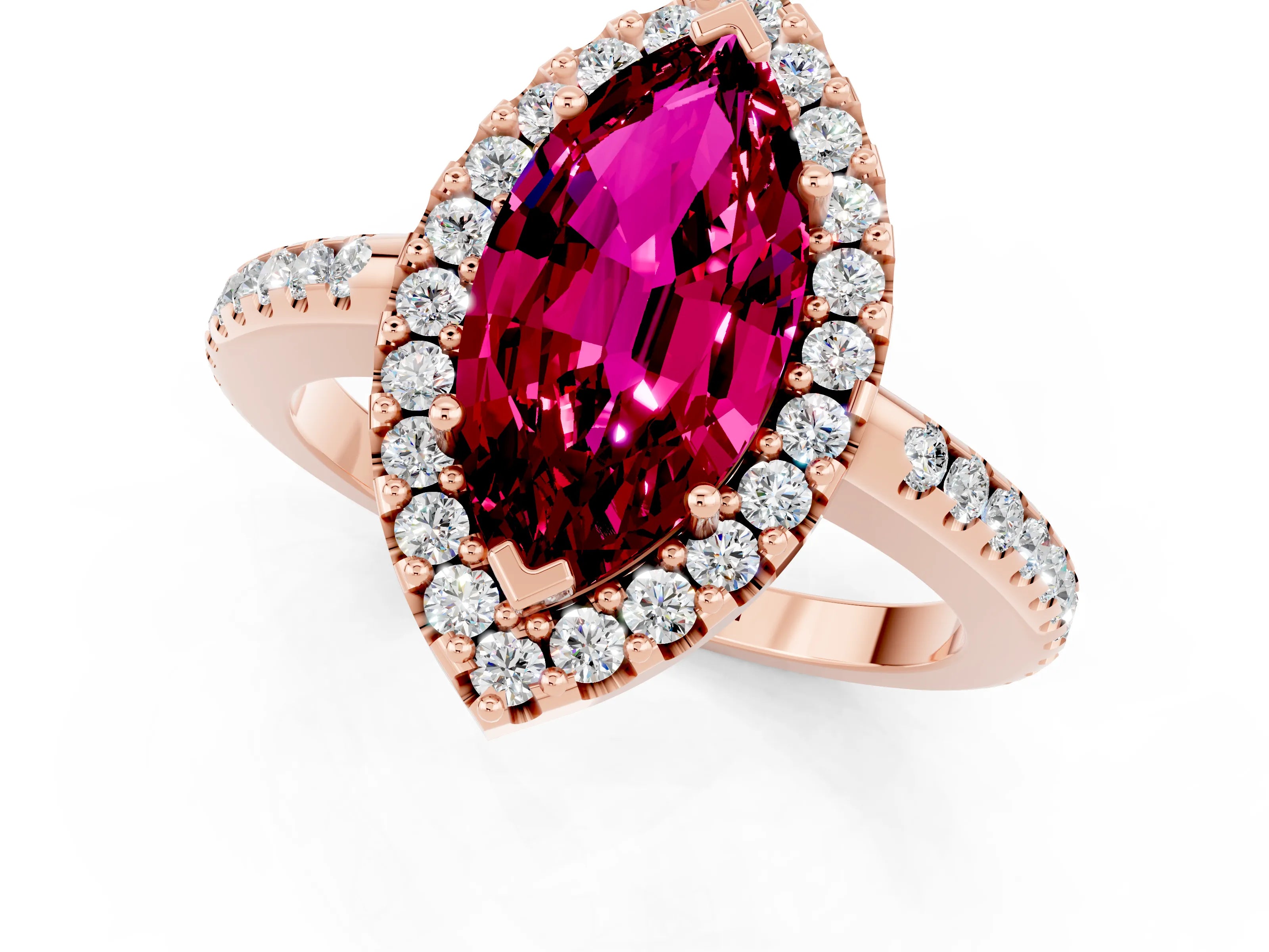 Rose gold Marquise Cut Garnet Pavé Halo Ring with Four-Prong Setting_13