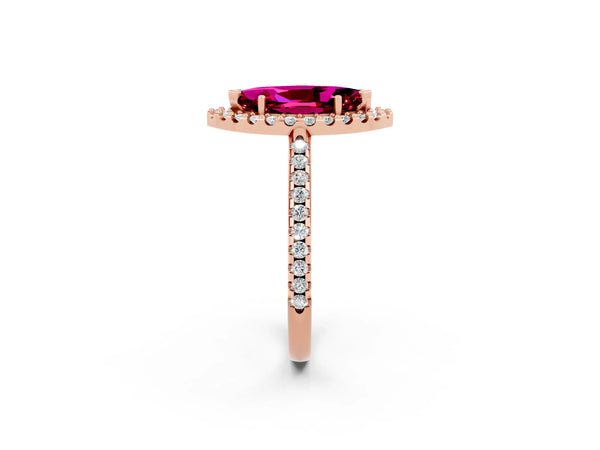 Rose gold Marquise Cut Garnet Pavé Halo Ring with Four-Prong Setting