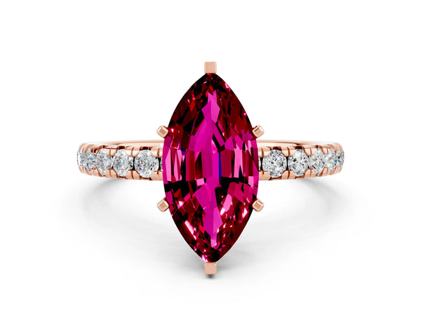 Rose gold Marquise Cut Garnet Pavé Solitaire Ring with Round Band and Prong Setting