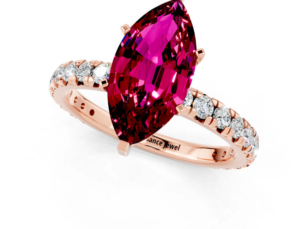 Rose gold Marquise Cut Garnet Pavé Solitaire Ring with Round Band and Prong Setting