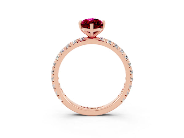 Rose gold Marquise Cut Garnet Pavé Solitaire Ring with Round Band and Prong Setting