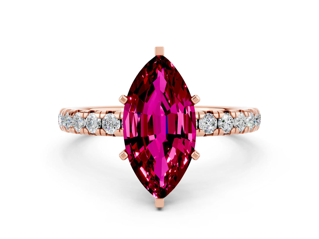 Rose gold Marquise Cut Garnet Pavé Solitaire Ring with Round Band and Prong Setting_24