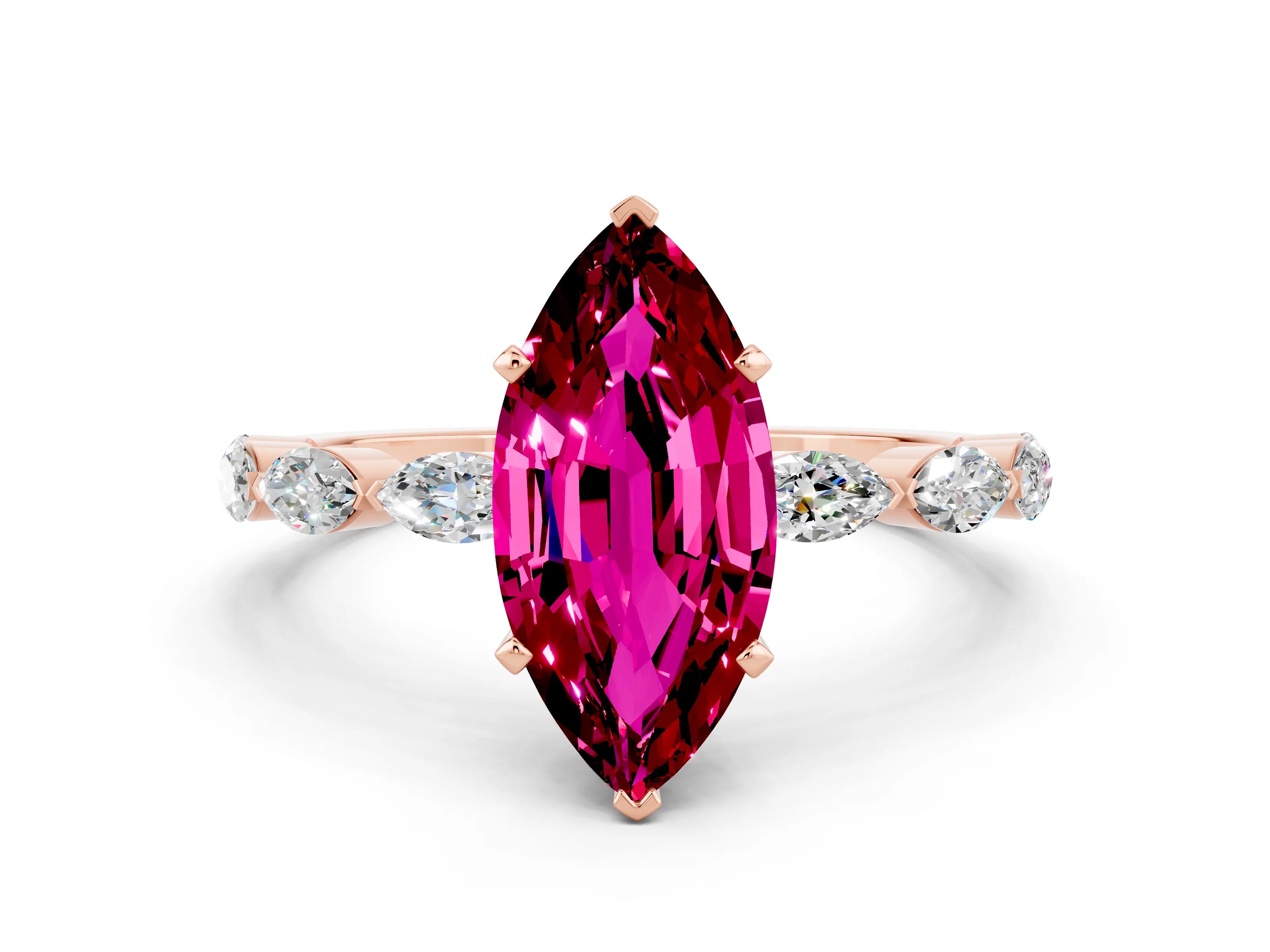 Rose gold Marquise Cut Garnet Ring with Marquise Side Stones and Prong Setting