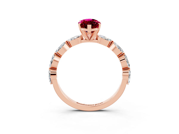 Rose gold Marquise Cut Garnet Ring with Marquise Side Stones and Prong Setting