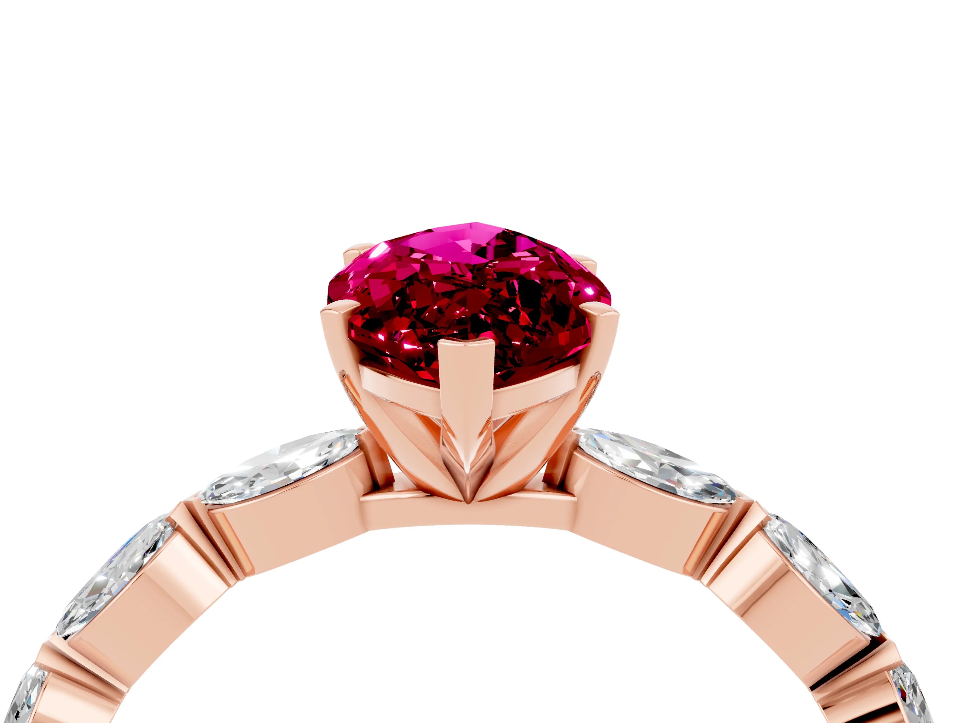 Rose gold Marquise Cut Garnet Ring with Marquise Side Stones and Prong Setting_4
