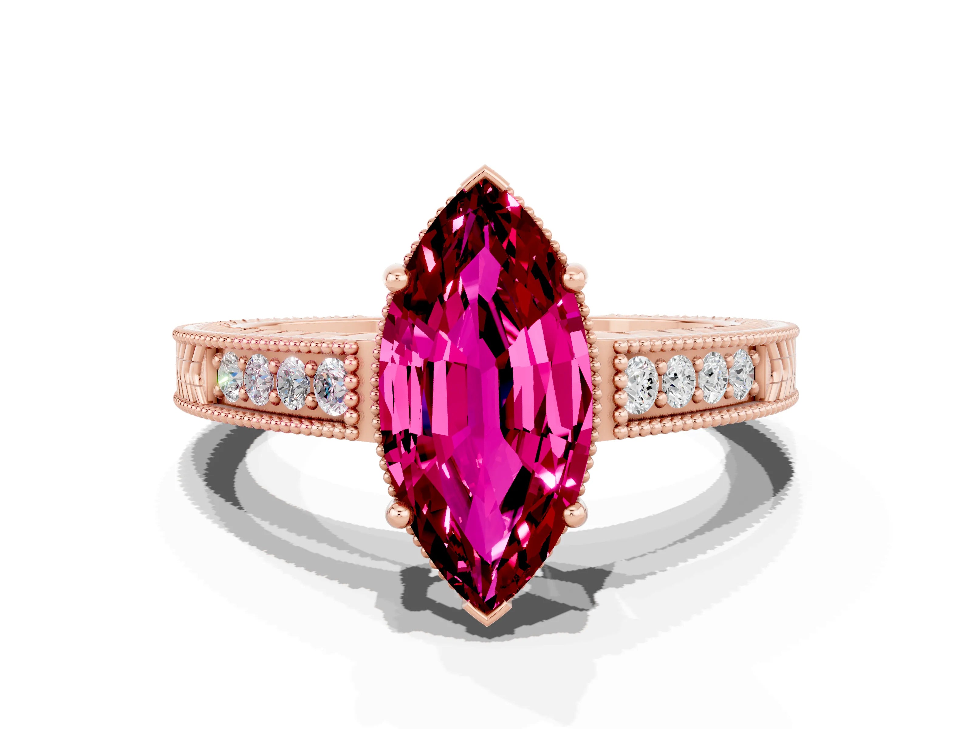 Rose gold Marquise Cut Garnet Ring with Milgrain Pavé Band and Four-Prong Setting_12