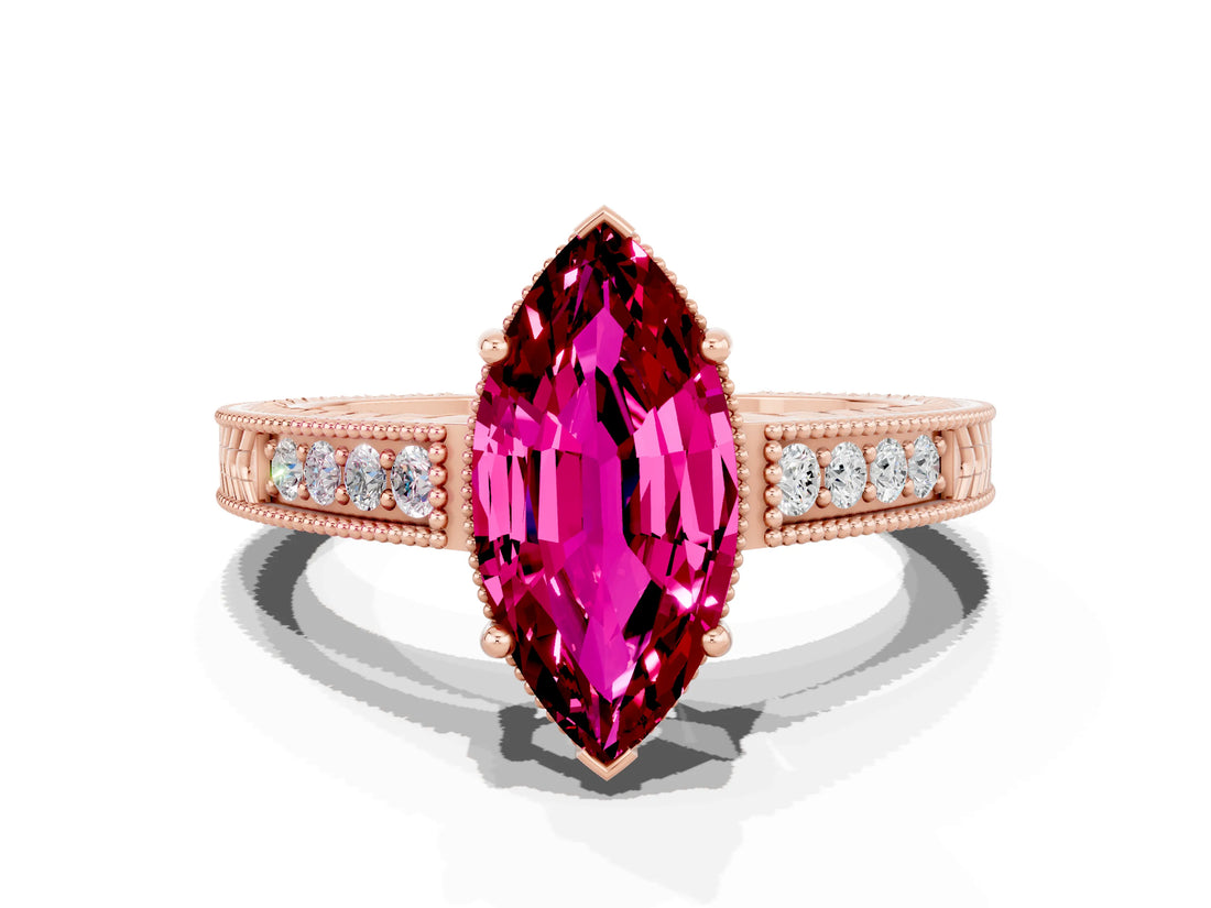 Rose gold Marquise Cut Garnet Ring with Milgrain Pavé Band and Four-Prong Setting_12