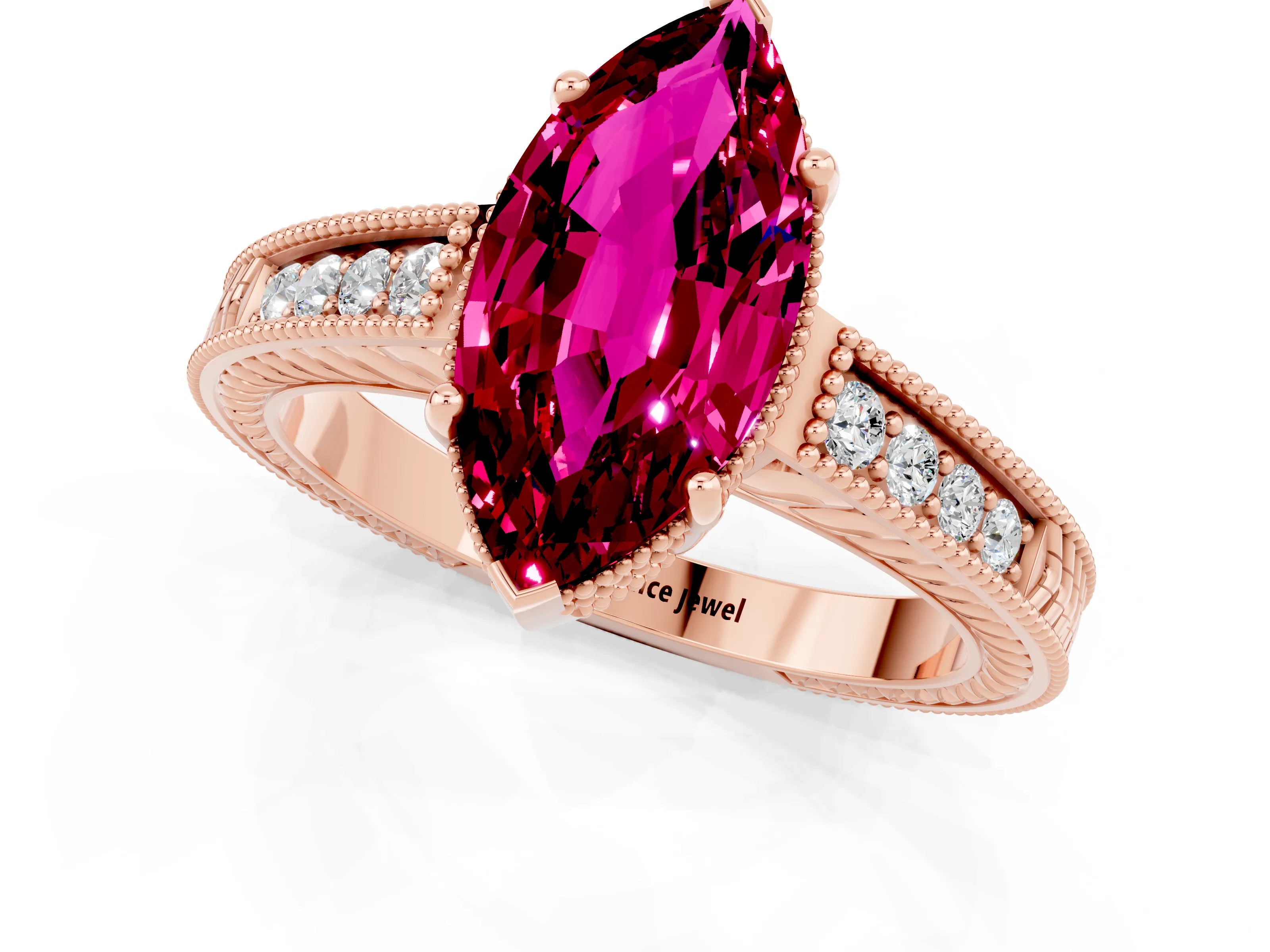 Rose gold Marquise Cut Garnet Ring with Milgrain Pavé Band and Four-Prong Setting_13