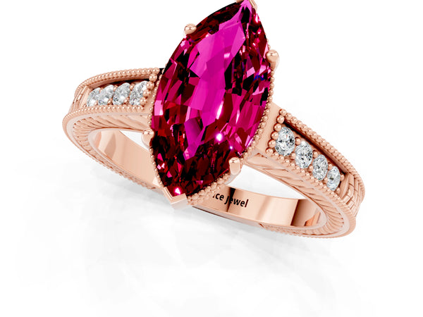 Rose gold Marquise Cut Garnet Ring with Milgrain Pavé Band and Four-Prong Setting