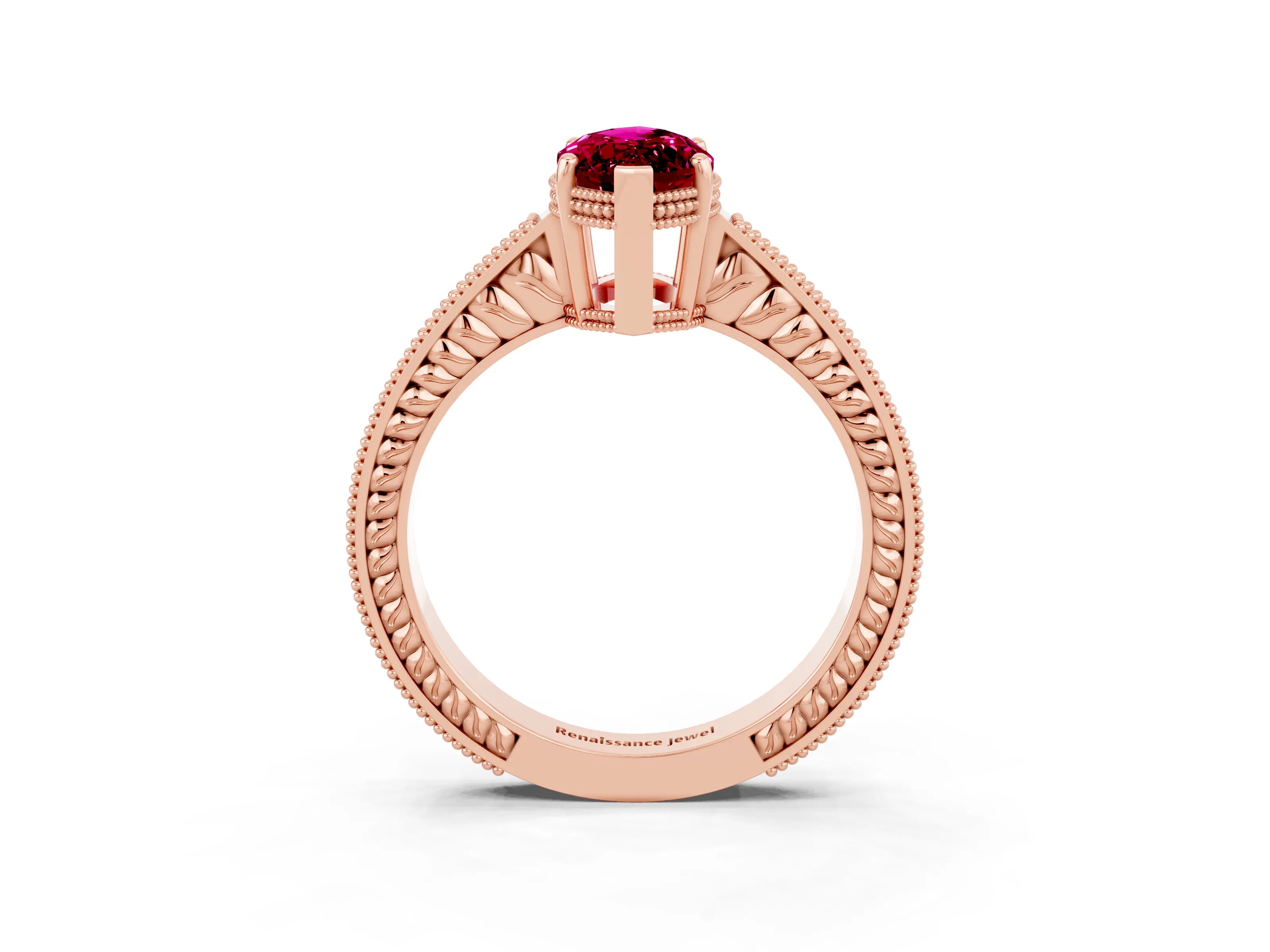 Rose gold Marquise Cut Garnet Ring with Milgrain Pavé Band and Four-Prong Setting_15