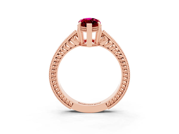 Rose gold Marquise Cut Garnet Ring with Milgrain Pavé Band and Four-Prong Setting
