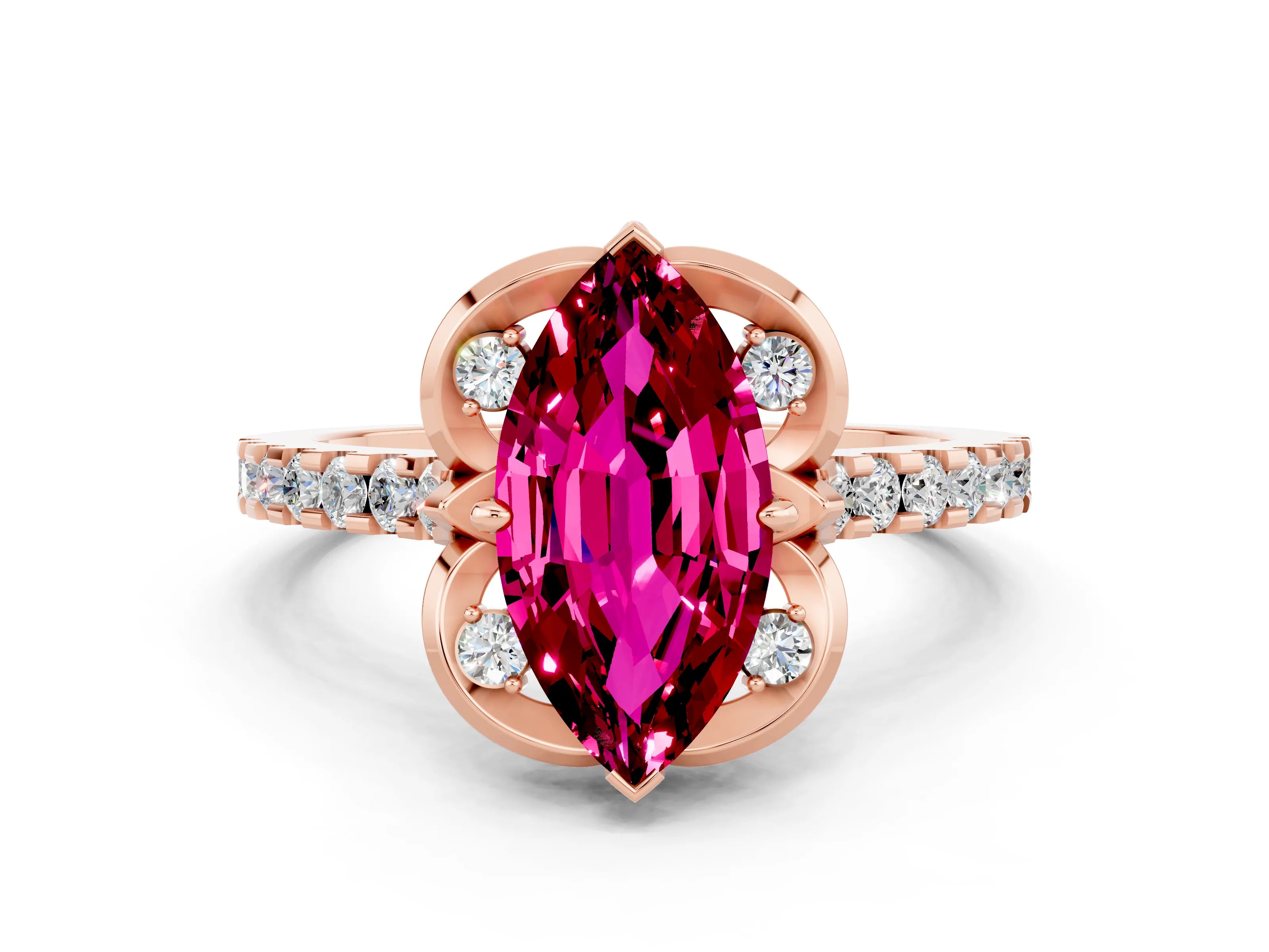 Rose gold Marquise Cut Garnet Ring with Pavé Band and Floral Prong Setting