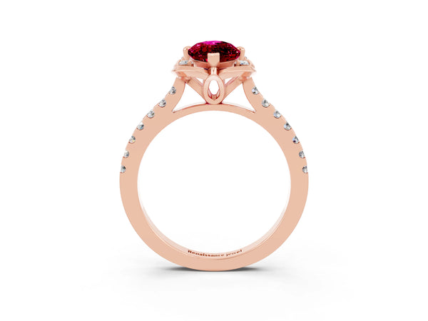 Rose gold Marquise Cut Garnet Ring with Pavé Band and Floral Prong Setting