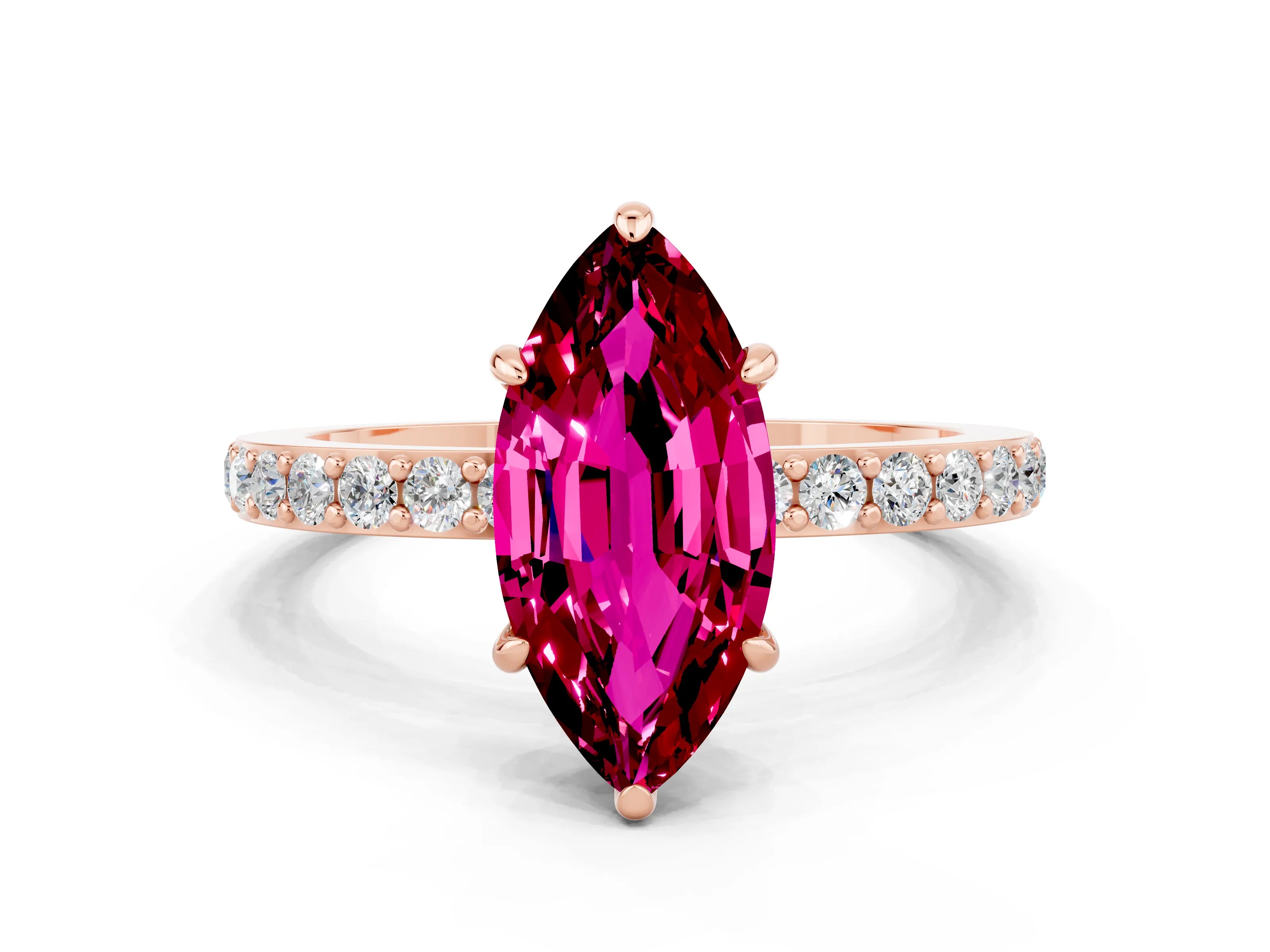 Rose gold Marquise Cut Garnet Ring with Pavé Band and Four-Prong Setting