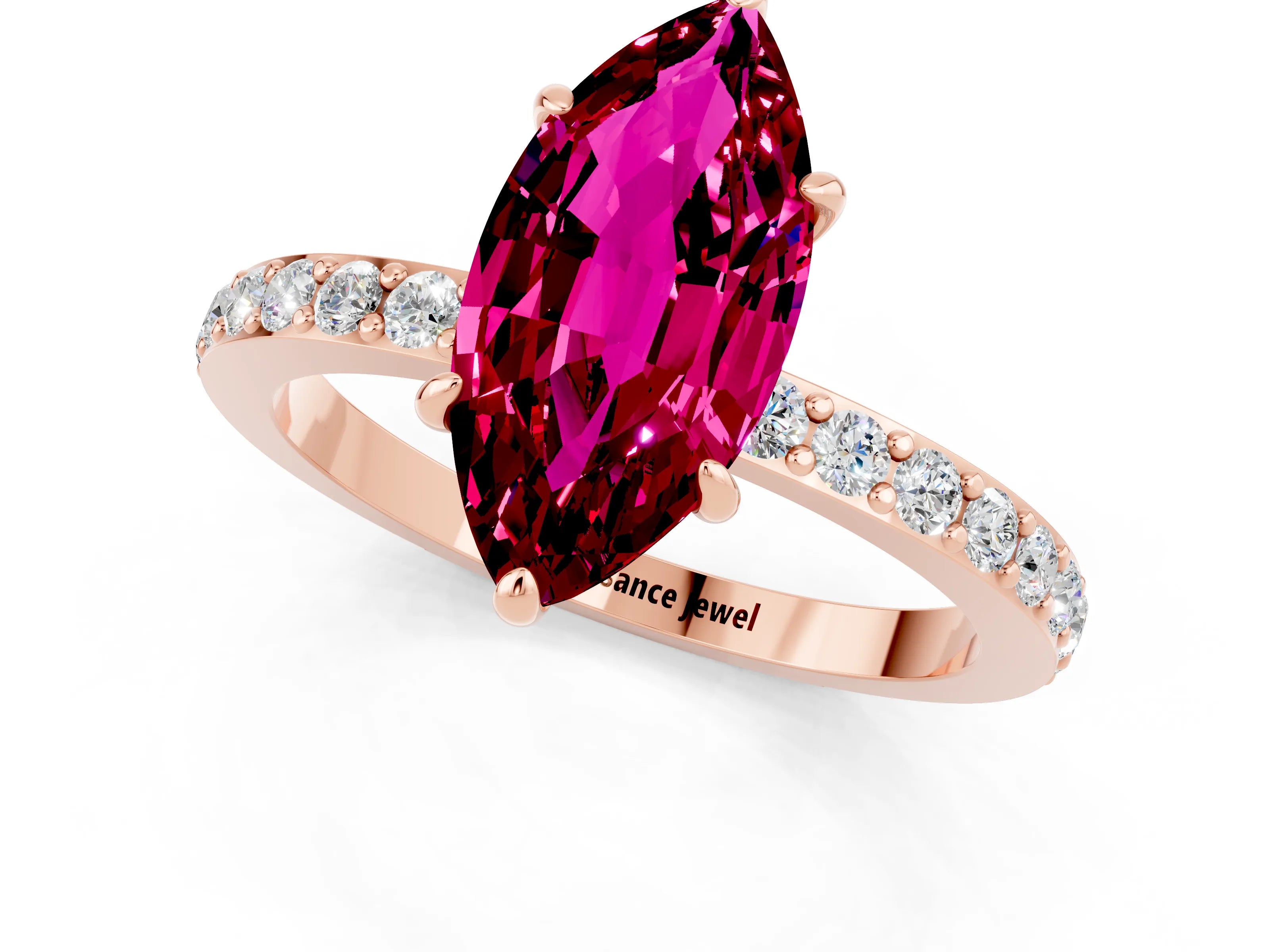 Rose gold Marquise Cut Garnet Ring with Pavé Band and Four-Prong Setting_1