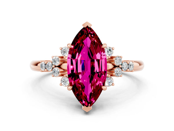 Rose gold Marquise Cut Garnet Ring with Side Stones and Four-Prong Setting