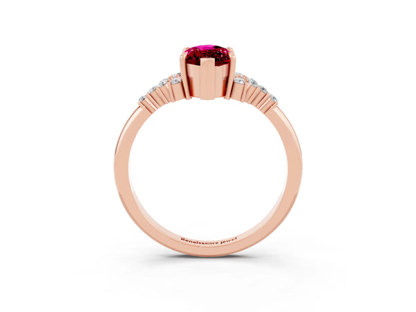 Rose gold Marquise Cut Garnet Ring with Side Stones and Four-Prong Setting