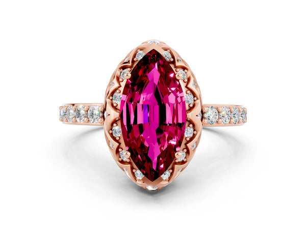 Rose gold Marquise Cut Garnet Scalloped Halo Engagement Ring with Round Shared Prong Band