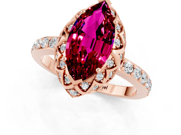 Rose gold Marquise Cut Garnet Scalloped Halo Engagement Ring with Round Shared Prong Band