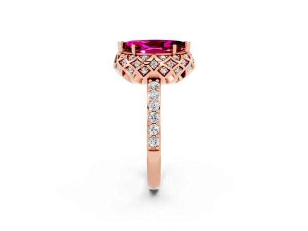 Rose gold Marquise Cut Garnet Scalloped Halo Engagement Ring with Round Shared Prong Band