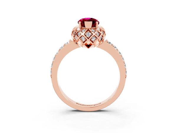 Rose gold Marquise Cut Garnet Scalloped Halo Engagement Ring with Round Shared Prong Band