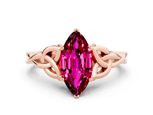 Rose gold Marquise Cut Garnet Solitaire Engagement Ring with Celtic Knot Band and Four-Prong Setting