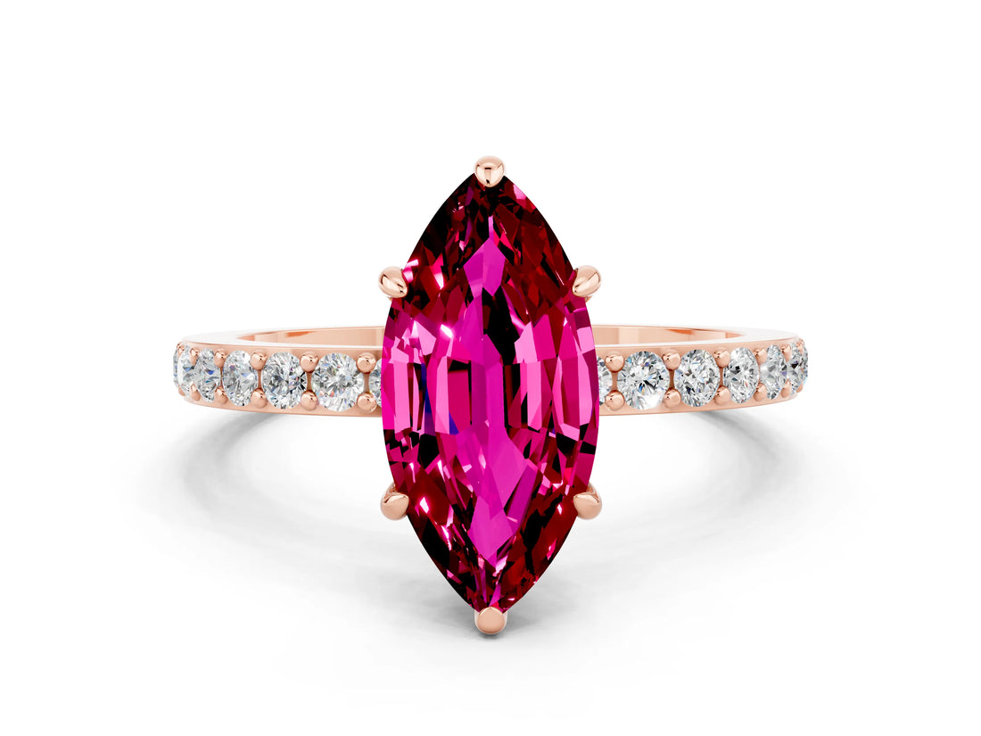 Rose gold Marquise Cut Garnet Solitaire Engagement Ring with Pavé Band and Four-Prong Setting