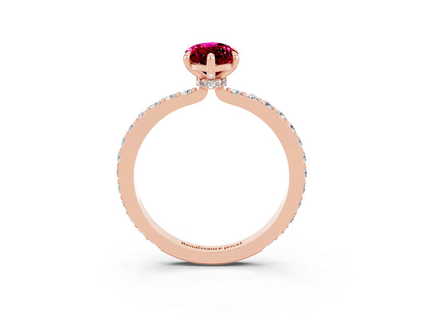 Rose gold Marquise Cut Garnet Solitaire Engagement Ring with Pavé Band and Four-Prong Setting
