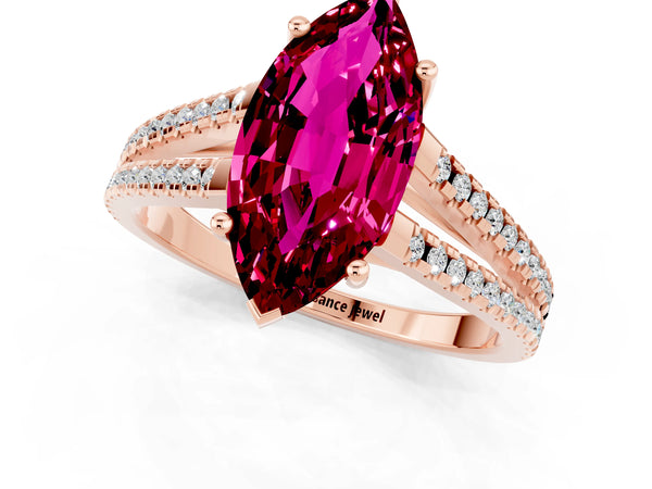 Rose gold Marquise Cut Garnet Solitaire Engagement Ring with Split Shank Pavé Band
