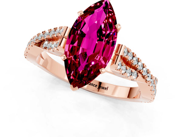 Rose gold Marquise Cut Garnet Solitaire Engagement Ring with Twisted Pavé Band and Four-Prong Setting