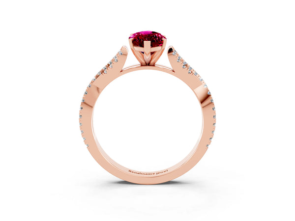 Rose gold Marquise Cut Garnet Solitaire Engagement Ring with Twisted Pavé Band and Four-Prong Setting