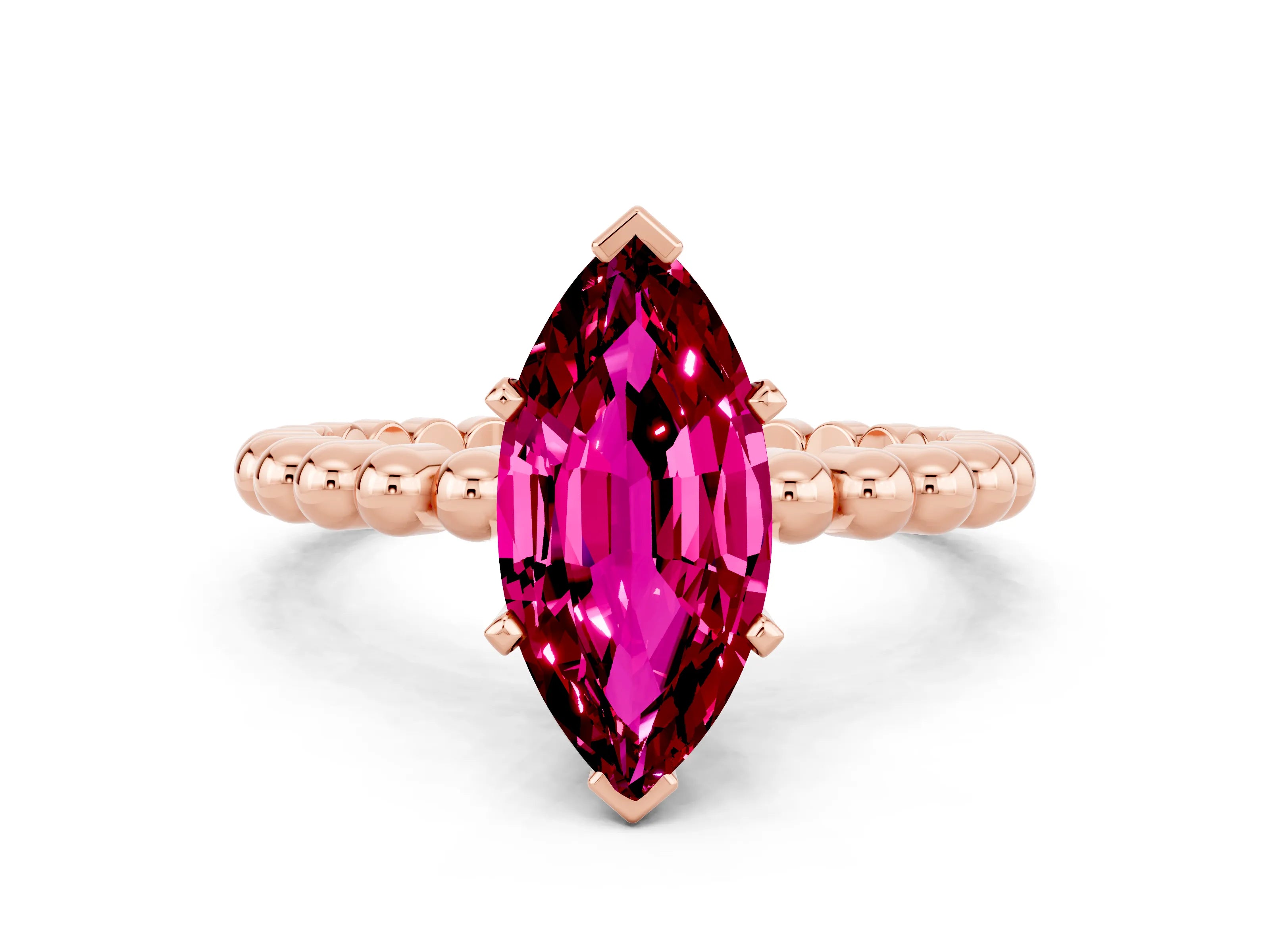 Rose gold Marquise Cut Garnet Solitaire Ring with Beaded Band and Prong Setting