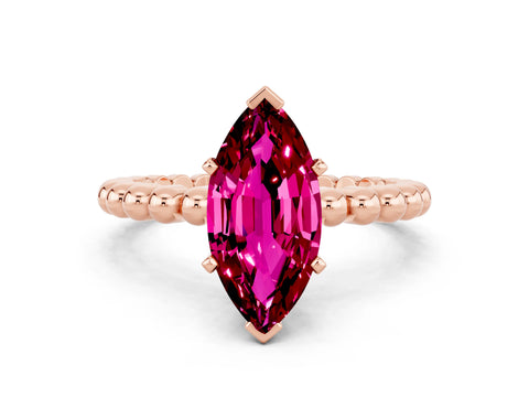 Rose gold Marquise Cut Garnet Solitaire Ring with Beaded Band and Prong Setting