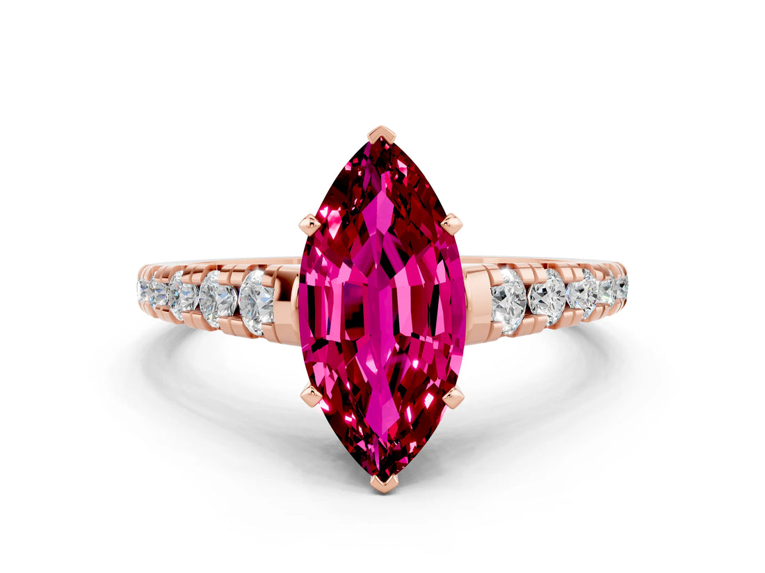 Rose gold Marquise Cut Garnet Solitaire Ring with Cathedral Setting and Pavé Band