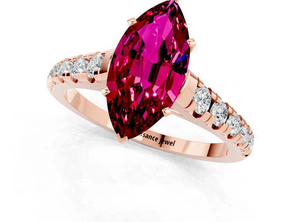 Rose gold Marquise Cut Garnet Cathedral Solitaire Ring with Round  Pavé Band